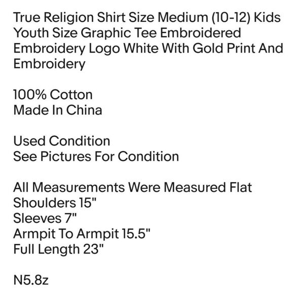 True Religion Shirt Size Medium (10-12) Kids Youth Size Graphic Tee Embroidered - Picture 2 of 7